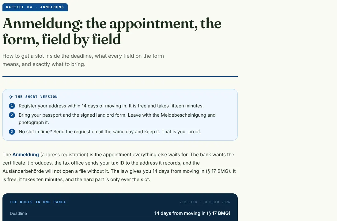 Guide 4 of the kit, Anmeldung, as it appears in the kit.