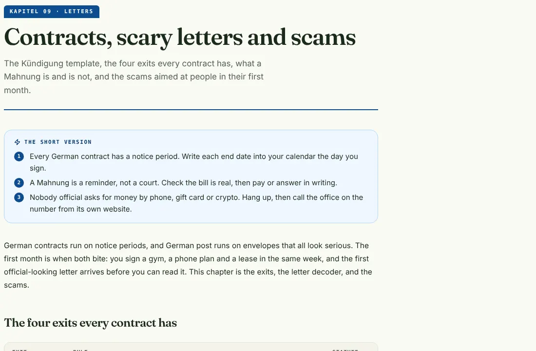 Guide 9 of the kit, Letters & scams, as it appears in the kit.