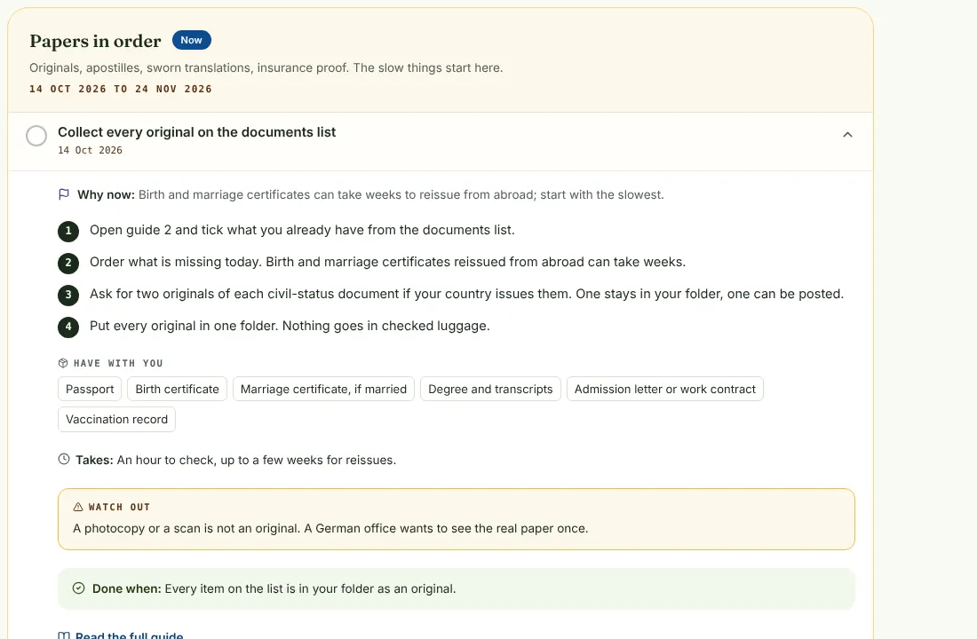 A stop of the plan with one task opened: the why, the numbered steps, the bring list and the done-when line.